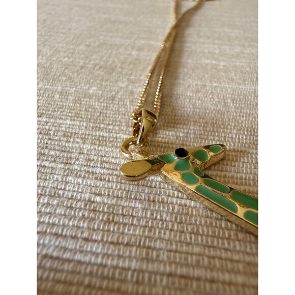 Gold-Tone Giraffe Pendant Necklace With Green Enamel On Long Chain - Picture 7 of 15
